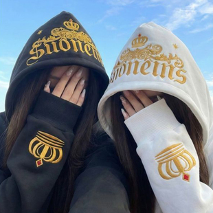 美式高街风立体刺绣连帽卫衣女大童初中高中学生加绒情侣宽松外套