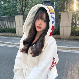 美式复古字母刺绣连帽卫衣女大童初中高中学生加绒加厚宽松外套