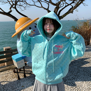 美式波点字母印花连帽开衫卫衣女大童初中高中学生宽松百搭外套