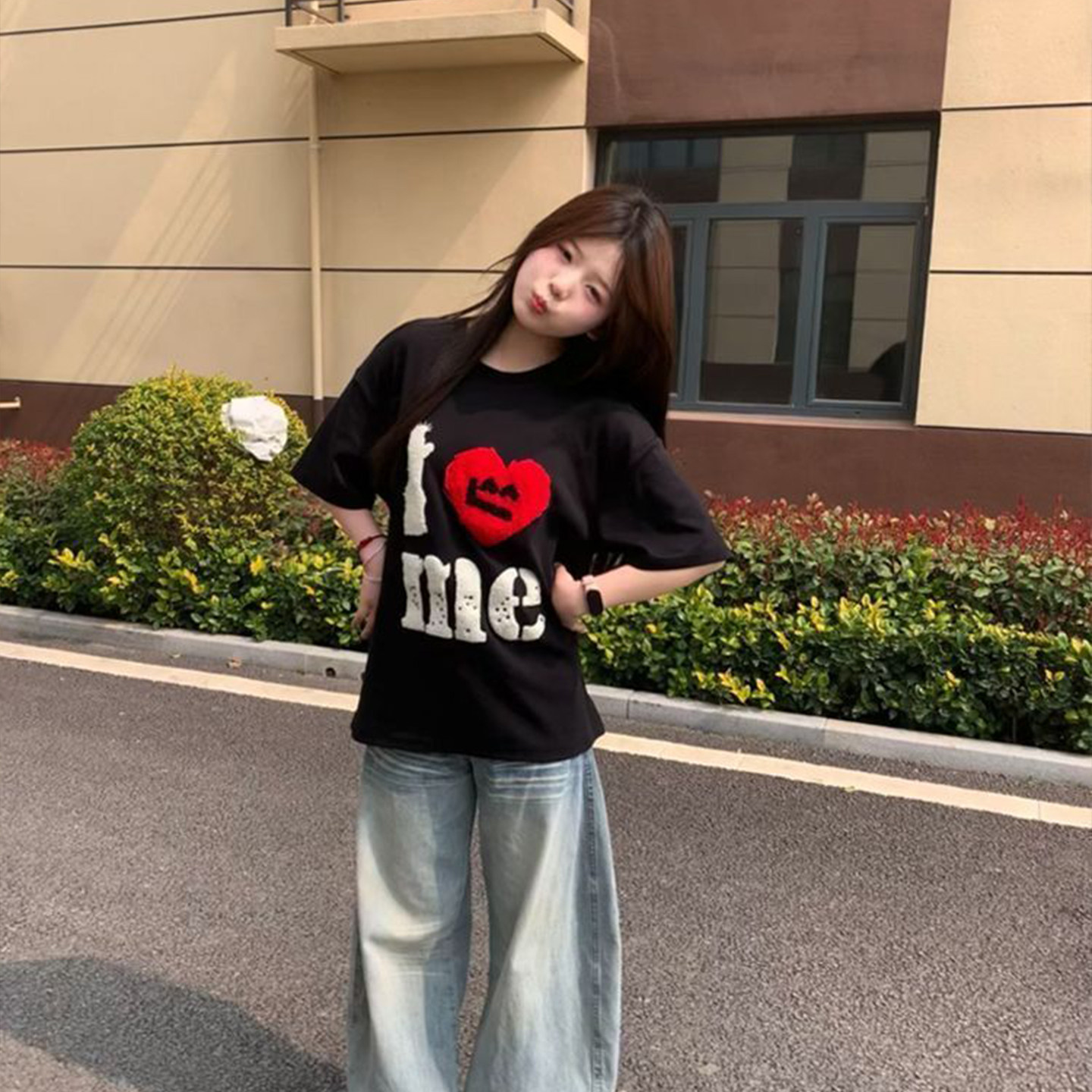 美式爱心刺绣宽松短袖女学生T恤图片