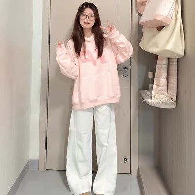 奶fufu粉色连帽卫衣女大童秋季