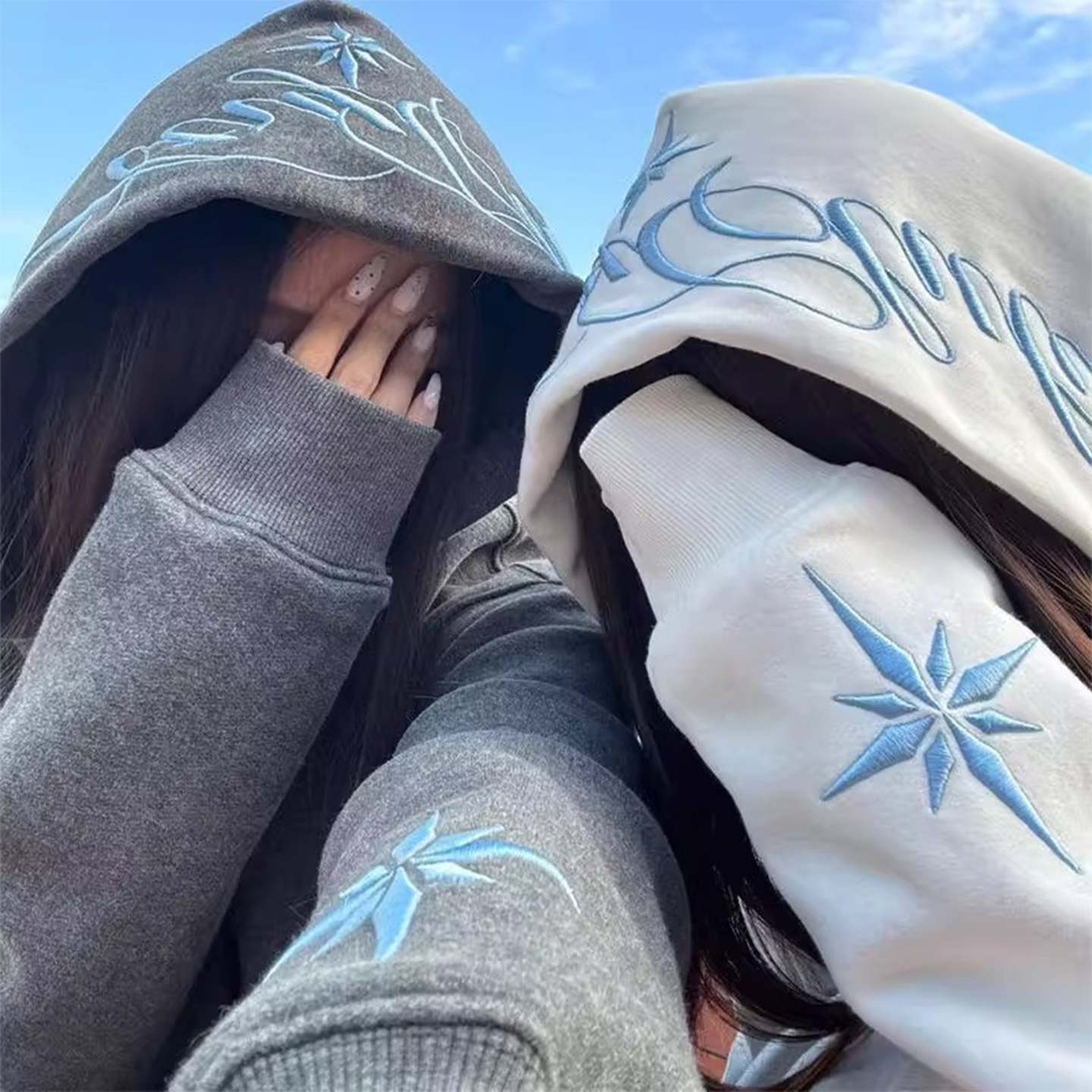 国潮高街星星刺绣连帽卫衣女