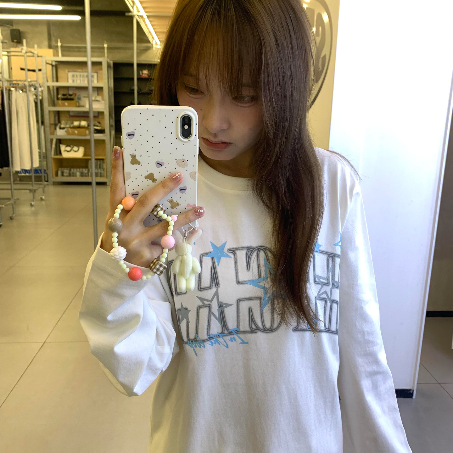 慵懒风纯棉印花长袖T恤女大童图片