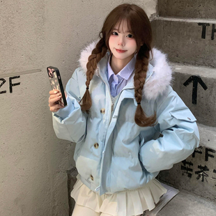 浅蓝色毛领连帽羽绒棉服女大童初中高中学生设计感防寒保暖外套