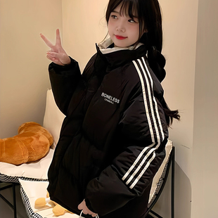 美式复古三条杠羽绒棉服女大童秋冬初中高中学生宽松加厚棉袄外套