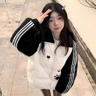 美式撞色拼接羽绒棉服女大童初中高中学生三条杠加厚面包服外套