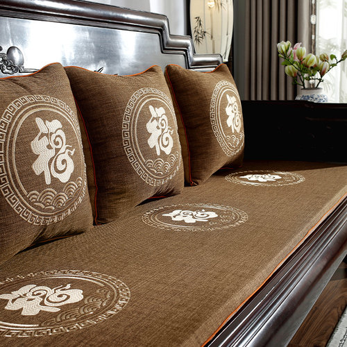 亚麻中式实木沙发防滑刺绣