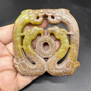 岫玉双龙玉佩玉坠仿古做旧双龙双凤吊坠挂件古风汉服腰佩流苏挂饰