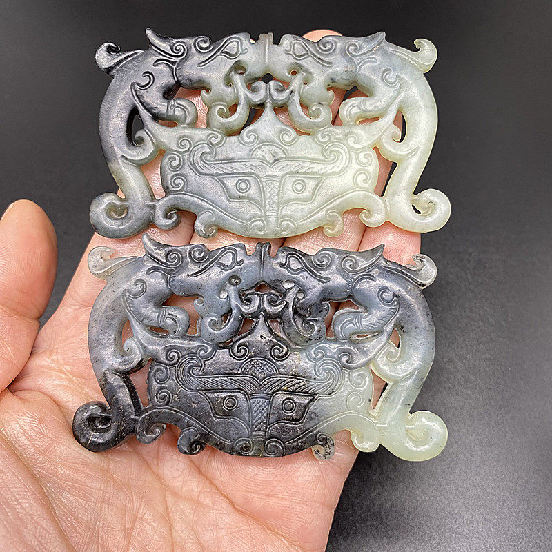 岫玉水墨双龙吊坠挂件仿古双面镂空雕刻兽面玉佩腰佩古风汉服配饰