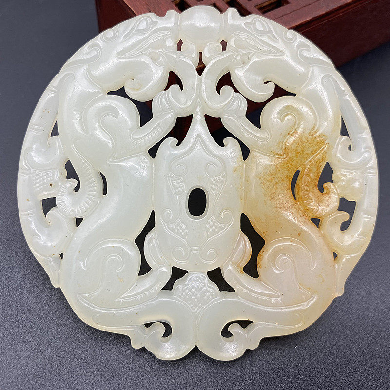 仿白玉镂空仿古双龙吊坠挂饰 复古玉佩汉服腰佩车挂流苏拍摄道具