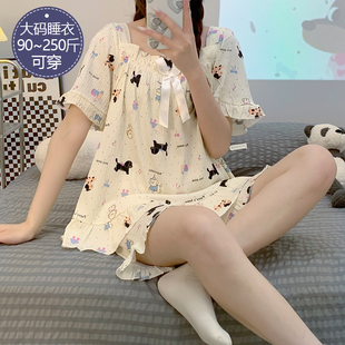 睡衣女夏季纯棉短袖短裤卡通网红风加肥加大码宽松学生家居服套装