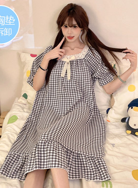 带胸垫睡裙女夏季纯棉短袖可外穿