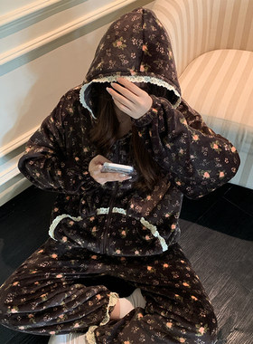 珊瑚绒大码睡衣女秋冬季加绒加厚