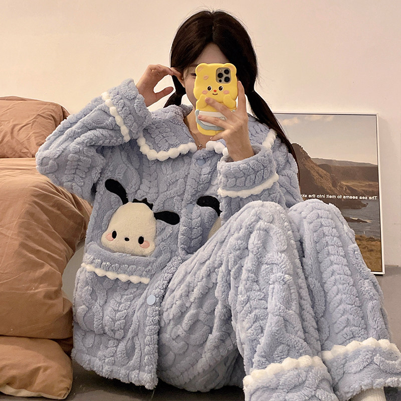 睡衣女秋冬季珊瑚绒加厚绒帕恰狗