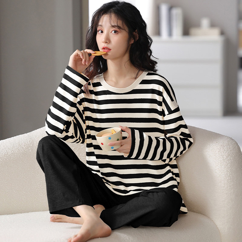 睡衣女春秋季纯棉长袖裤2026新款韩版宽松黑色条纹宽松家居服套装,女士内衣/男士内衣/家居服,睡衣/家居服套装,淘宝优惠券,粉丝福利购,淘宝优惠卷
