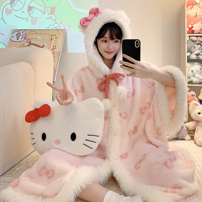 珊瑚绒睡袍女秋冬季加厚长款斗篷