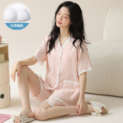 带胸垫睡衣女夏季纯棉短袖裤甜美