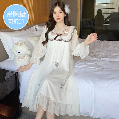 带胸垫睡裙春秋季网纱莫代尔长袖