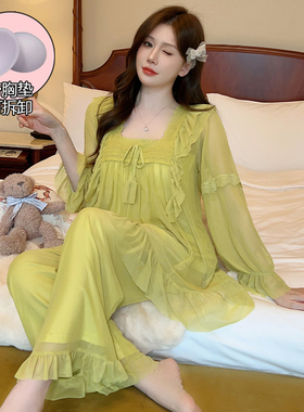 带胸垫睡衣女春秋季莫代尔网纱长袖2024新款绿色公主风家居服套装