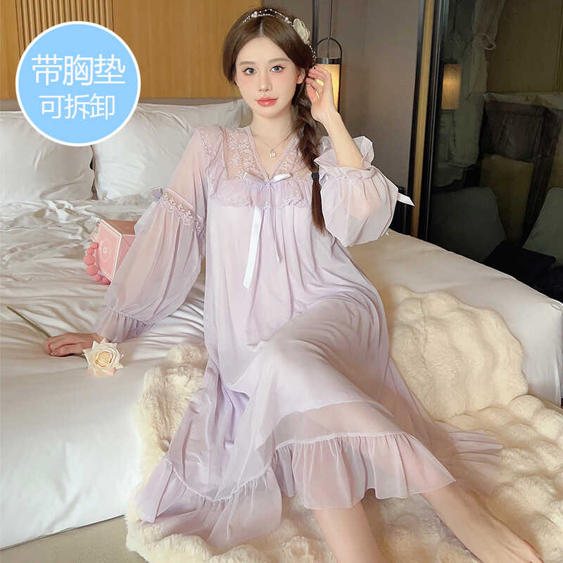 带胸垫睡裙秋冬季莫代尔网纱长袖