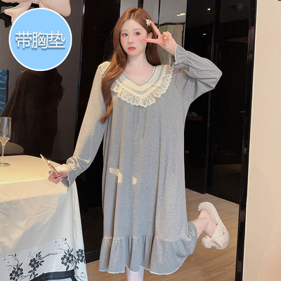 带胸垫大码睡裙女秋季莫代尔长袖