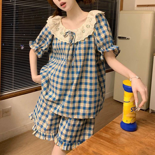 睡衣女夏季纯棉短袖短裤甜美格子