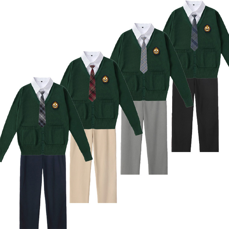 墨绿色开衫配白色尖领长袖衬衫和蓝色裤子多色领带男套装