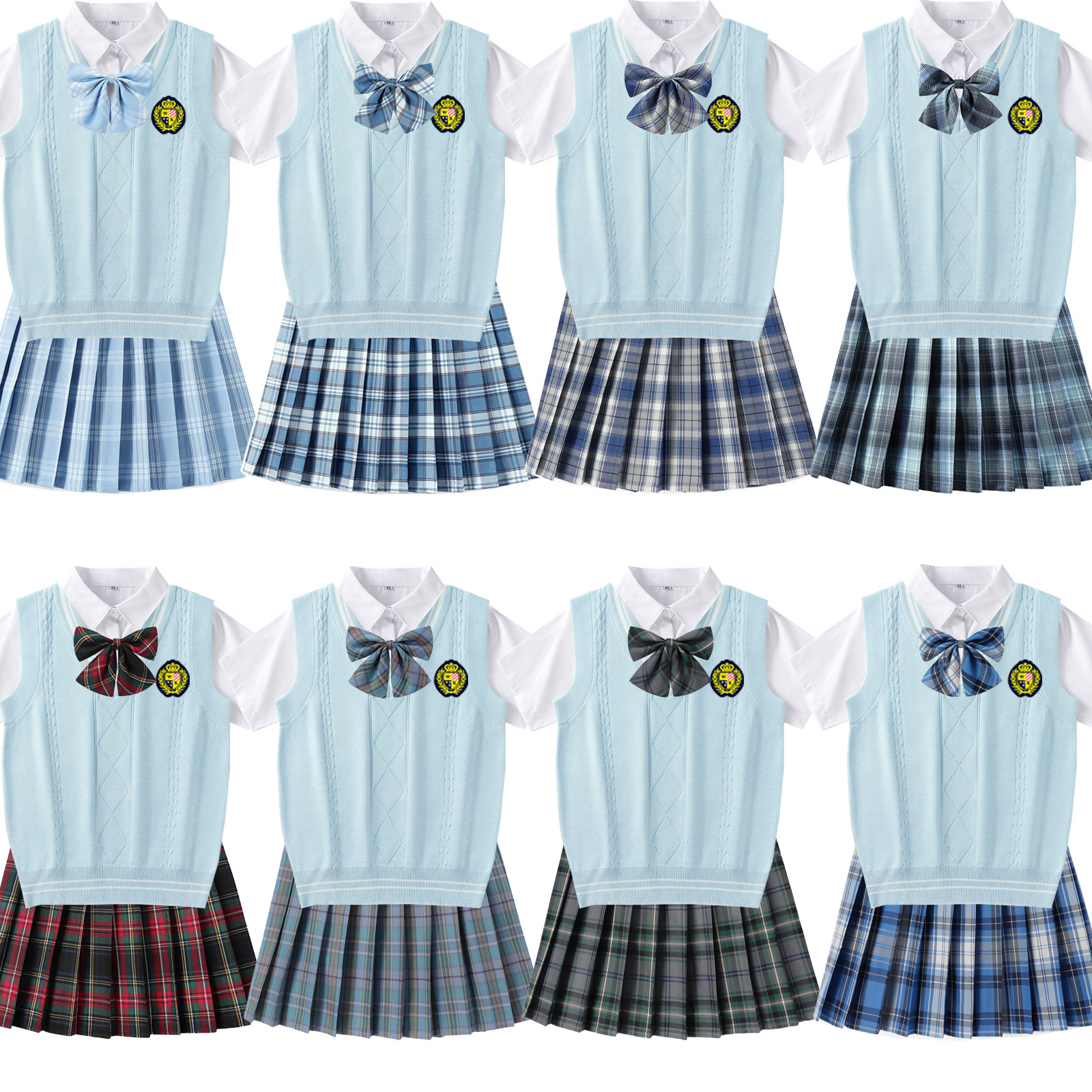 [背心+衬衫+格裙]制服班服校服表演礼服马甲毛衣叠穿三件女套装