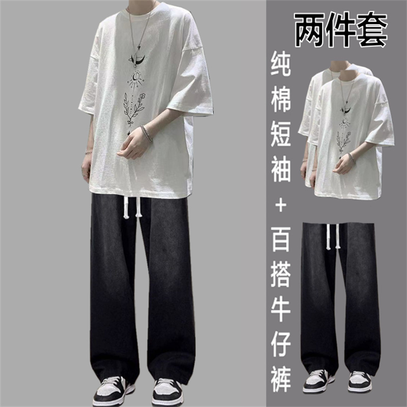 男透气夏季短袖圆领休闲运动套装春夏韩版学生运动男生潮流牛仔裤