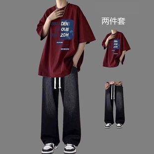 休闲牛仔裤运动套装男纯棉印花T恤潮流夏季百搭大码ins帅气韩版