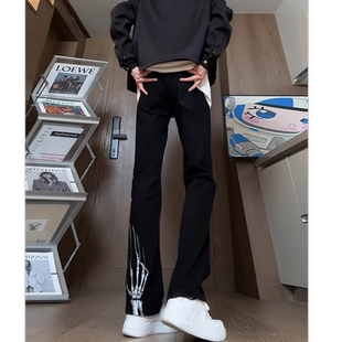 高街vibe裤 直筒微喇裤 子男款 修身 潮牌痞帅炸街骷髅刺绣牛仔裤 美式