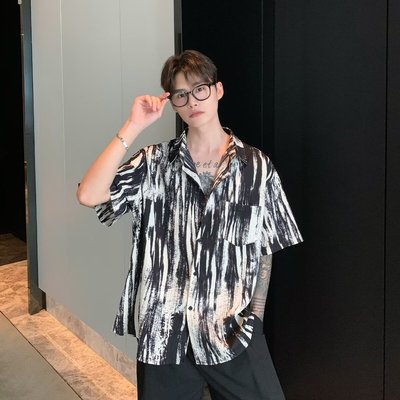 水墨扎染小众垂感花衬衫短袖男士夏季高级感痞帅潮牌五分半袖衬衣