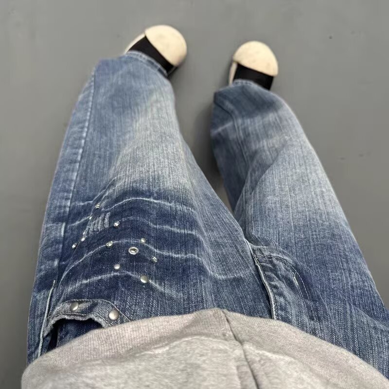 设计感水洗闪电裂纹铆钉牛仔裤男秋冬美式复古炸街裤子阔腿裤ins