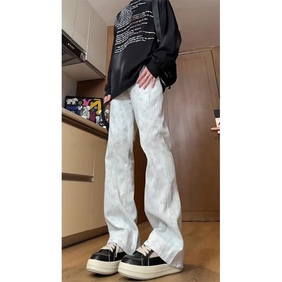 cleanfit脏脏白色微喇牛仔裤男款美式高街vibe裤子显瘦修身直筒裤