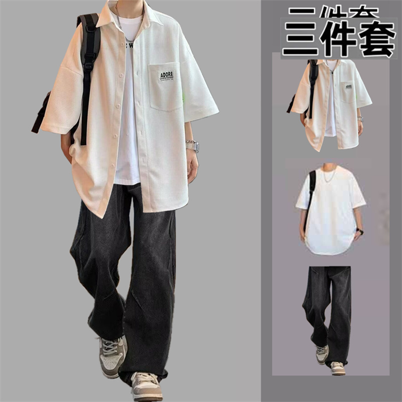夏季衬衫男短袖牛仔裤休闲套装运动大码韩版日系五分袖薄款三件装