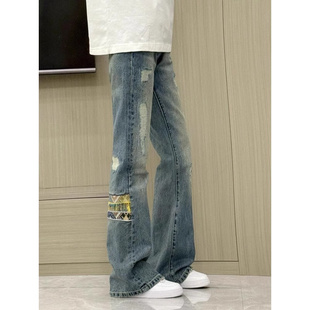 美式cleanfit腰果花刺绣牛仔裤男款夏季微喇破洞裤弯刀修身直筒裤