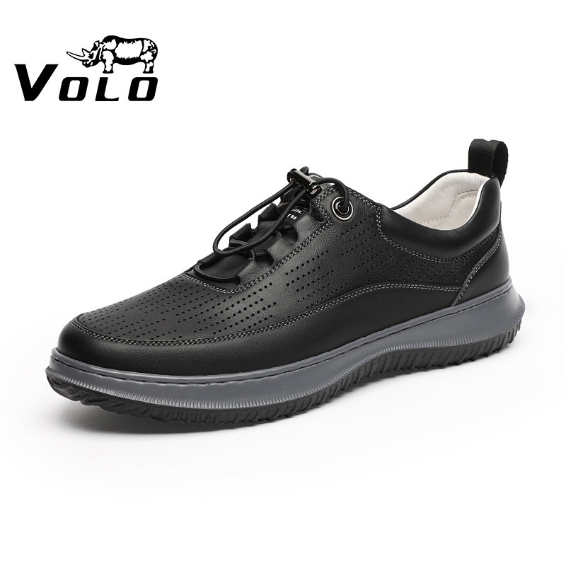 volo/犀牛春季男士超轻休闲鞋男网洞皮鞋真皮年轻款一脚蹬男板鞋