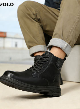 VOLO犀牛工装马丁靴男款加绒复古休闲男士靴子户外短靴真皮侧拉链