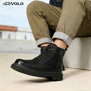 VOLO犀牛工装马丁靴男款加绒复古休闲男士靴子户外短靴真皮侧拉链