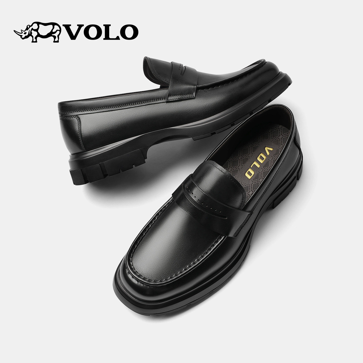 VOLO犀牛皮鞋男款2026新款真皮增高软底男士公务一脚蹬休闲乐福鞋