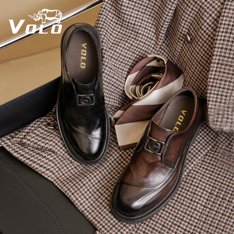 volo犀牛男士商务皮鞋2023新款冬大头皮鞋男款高级感真皮厚底加绒