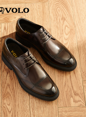 VOLO犀牛男士皮鞋2025新款休闲正装商务真皮尖头结婚布洛克德比鞋