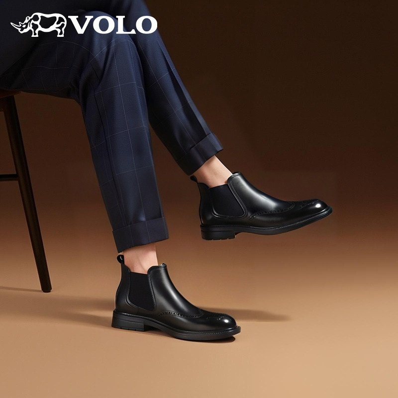 VOLO犀牛男士切尔西靴2025新款秋冬高帮马丁靴雕花布洛克真皮