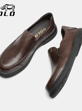 VOLO/犀牛男士休闲皮鞋男款皮鞋全黑公务鞋爸爸鞋真皮一脚蹬软底