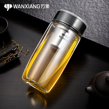 万象单层玻璃杯耐热加厚杯子带滤网泡茶水杯出门便携高颜值弧形杯