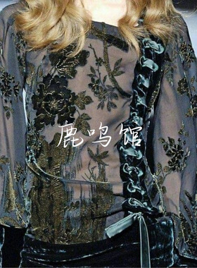 重磅真丝绒衬衫墨绿色流苏描金天鹅绒羊腿灯笼袖衬衣上衣 cavalli