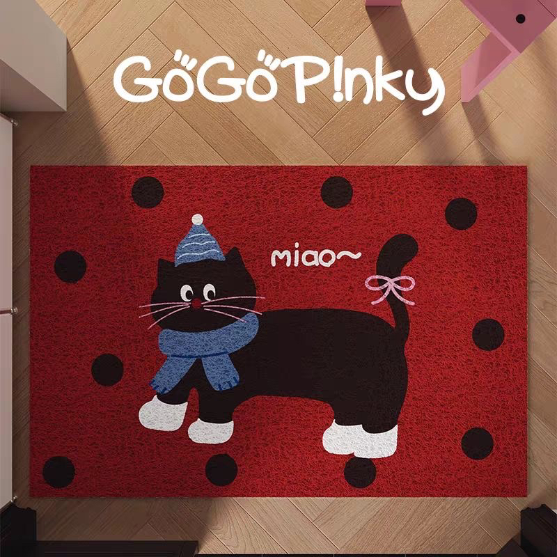 红色新年喜庆入户地垫可爱卡通猫咪玄关进门防滑耐脏除尘门垫地毯