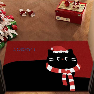 红色喜庆可爱小猫入户门地垫耐脏丝圈大门进门脚垫玄关防滑地毯