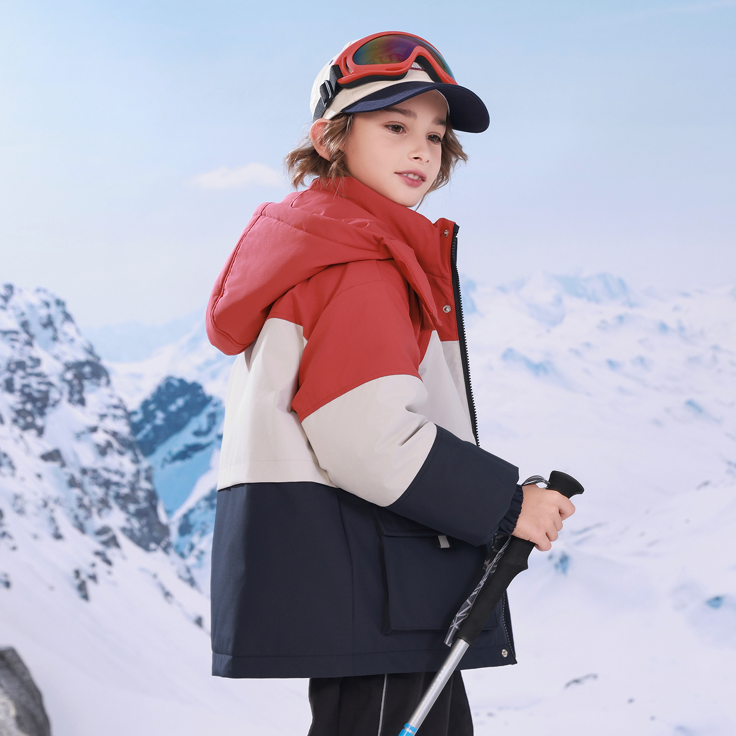 中大童拼色保暖羽绒服儿童加厚连帽滑雪男女童冲锋衣白鸭绒三防