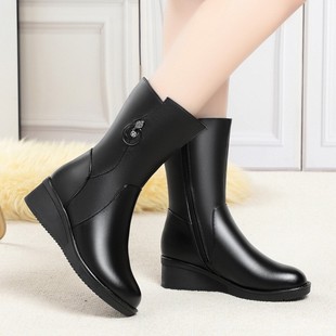 坡跟中筒靴女冬季 保暖雪地靴 加绒加厚棉靴中年中老年真皮妈妈棉鞋